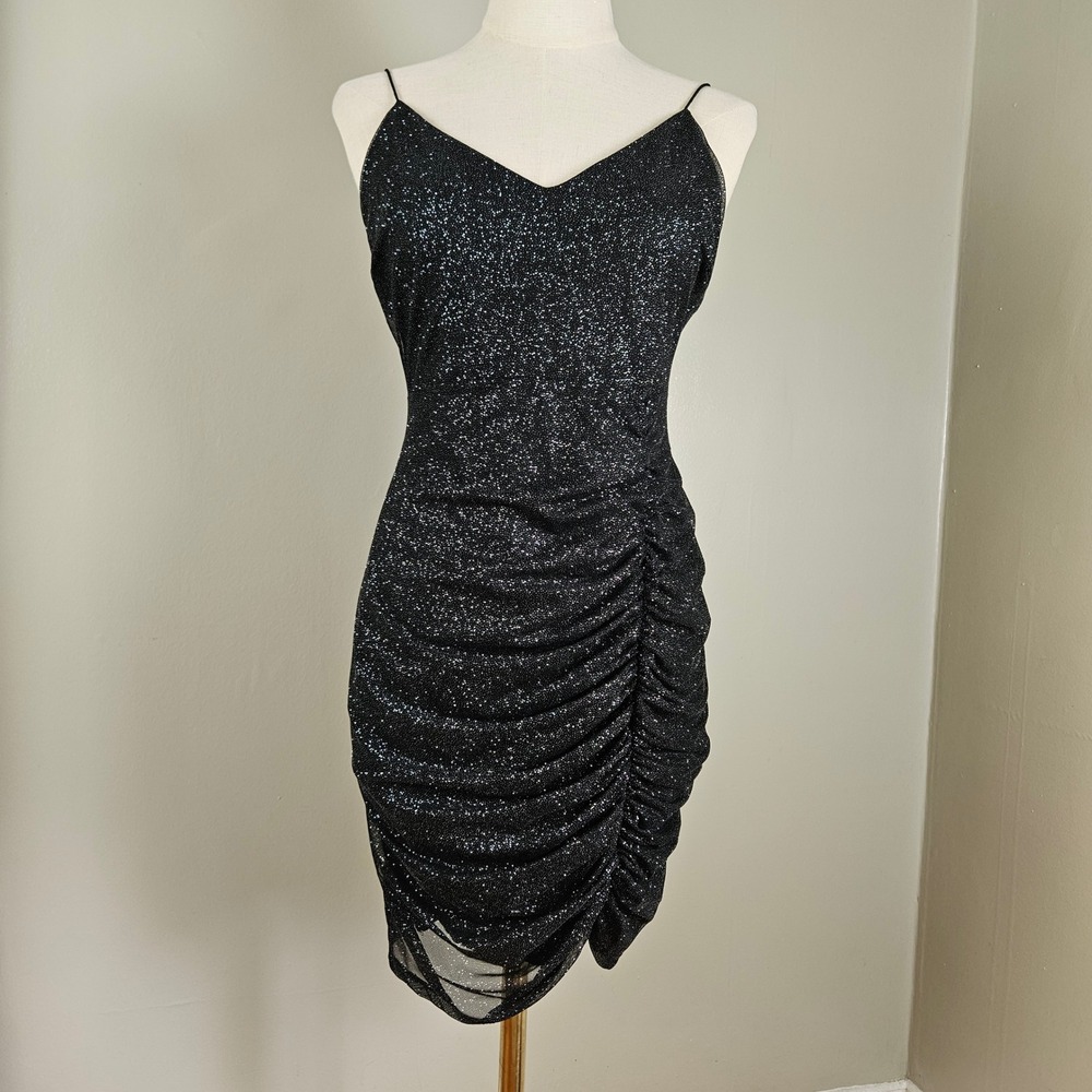 NEW Windsor Glitter Mesh Mini Dress Sz L Black Ruched Cami Strap Bodycon NWT